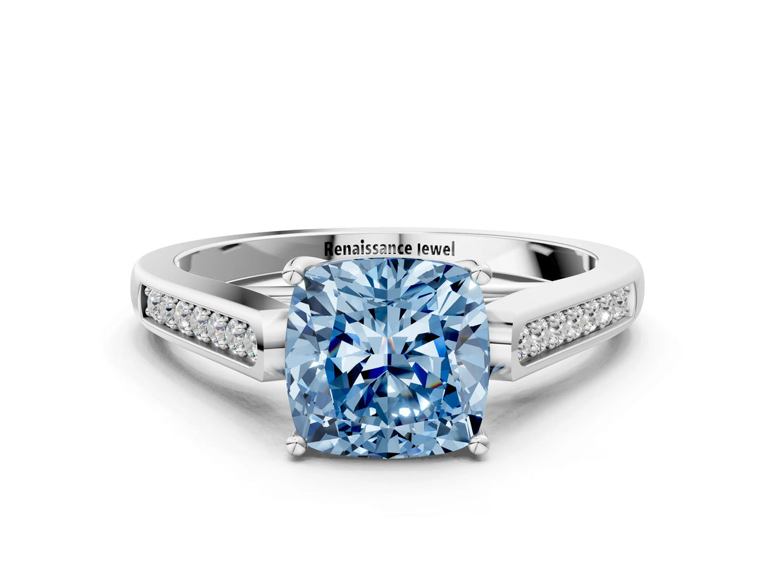 White gold Fancy Blue Cushion Cut Solitaire Cathedral Diamond Engagement Ring with Channel-Set Band and Four-Prong Setting_15