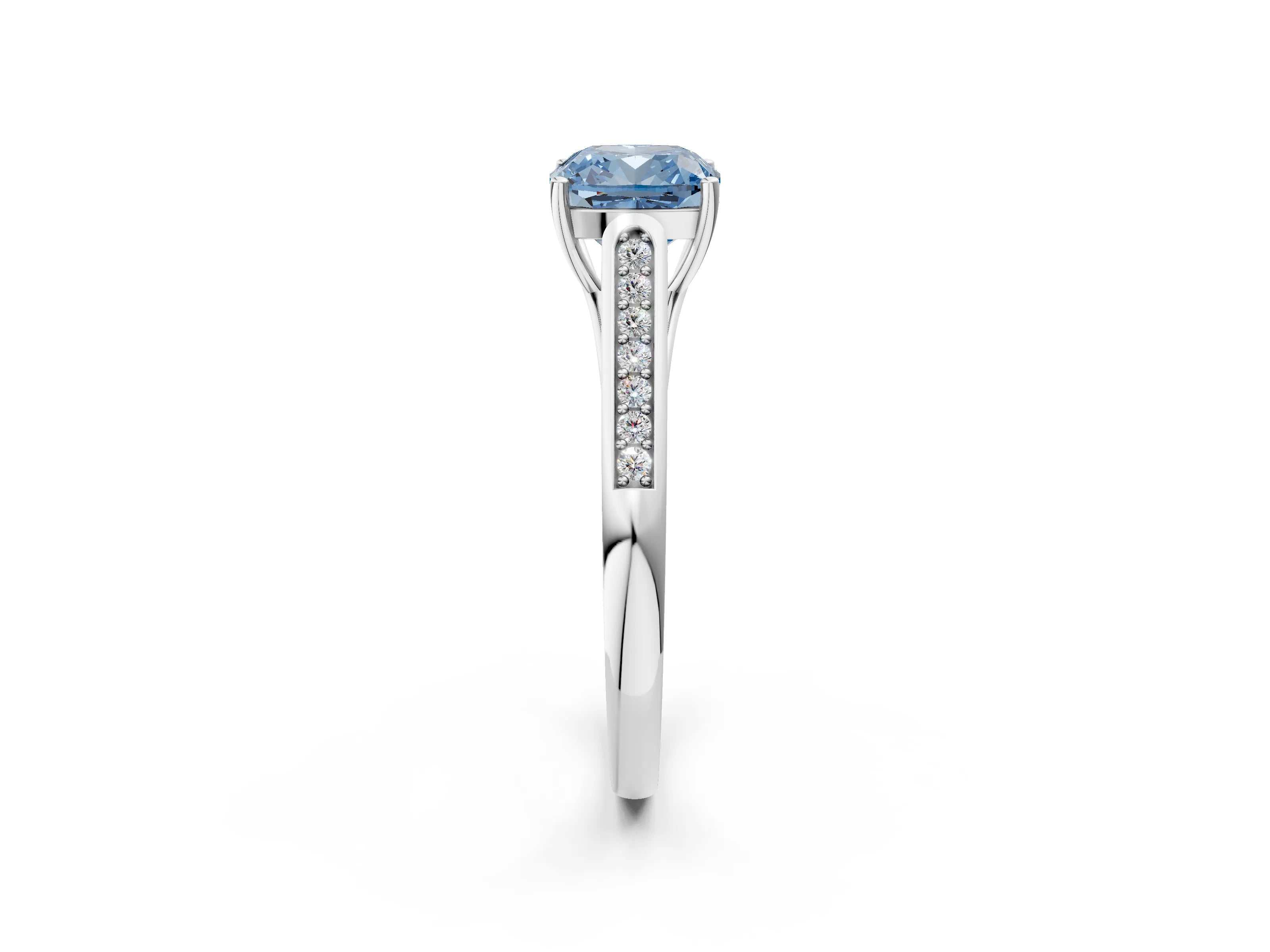White gold Fancy Blue Cushion Cut Solitaire Cathedral Diamond Engagement Ring with Channel-Set Band and Four-Prong Setting_17
