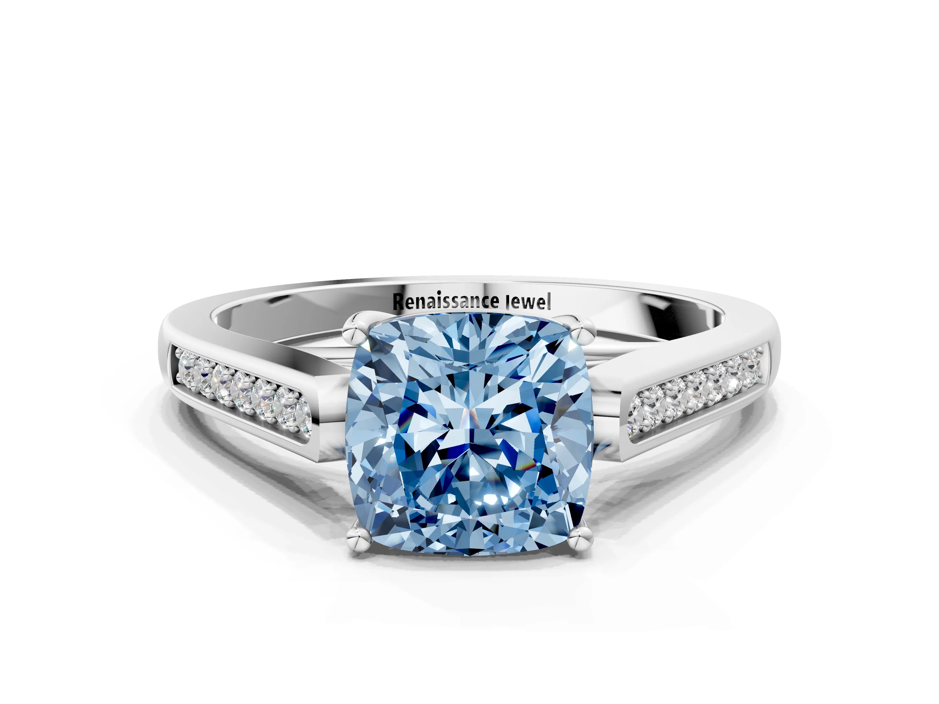 White gold Fancy Blue Cushion Cut Solitaire Cathedral Diamond Engagement Ring with Channel-Set Band and Four-Prong Setting_3