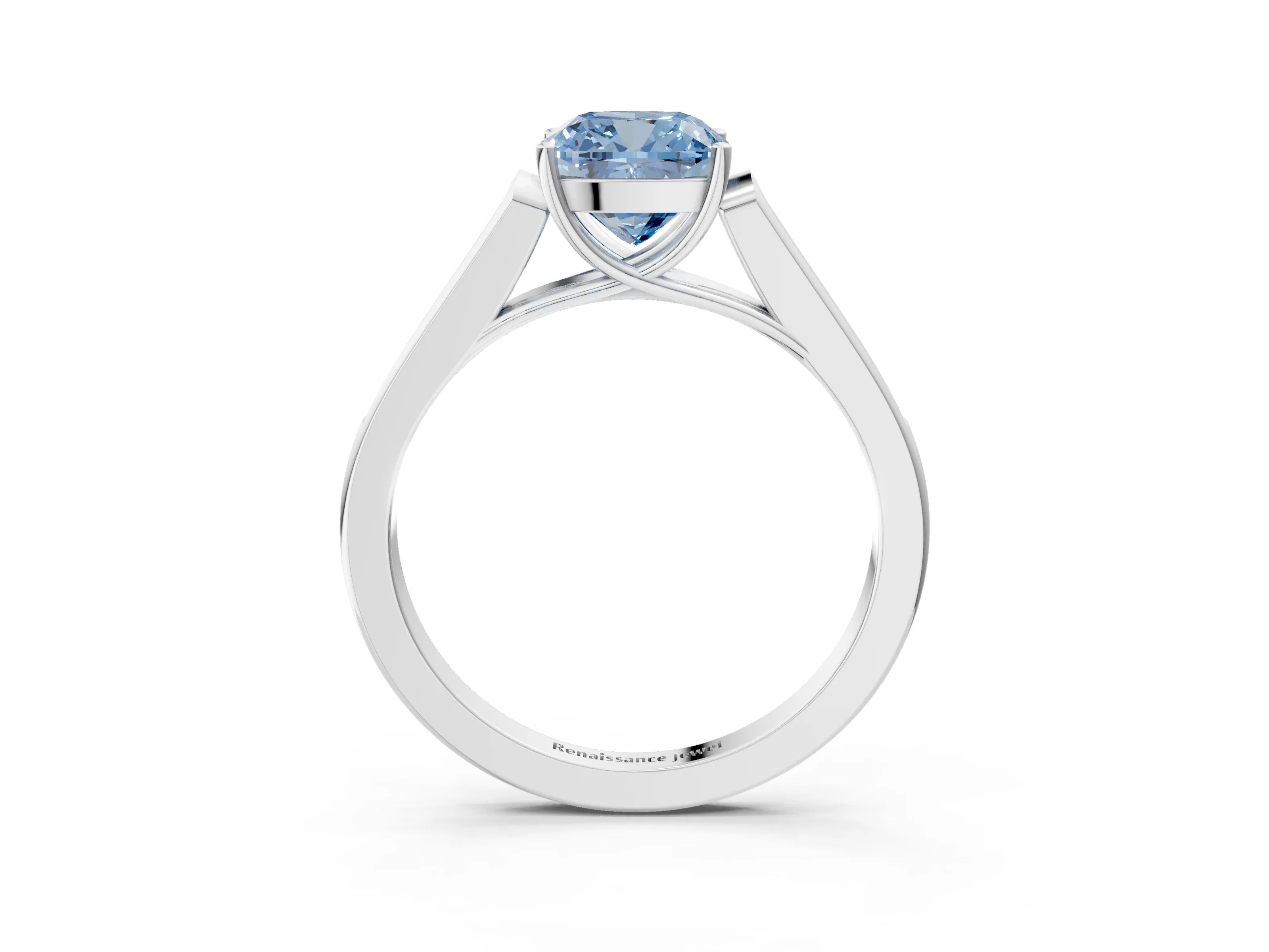 White gold Fancy Blue Cushion Cut Solitaire Cathedral Diamond Engagement Ring with Channel-Set Band and Four-Prong Setting_6