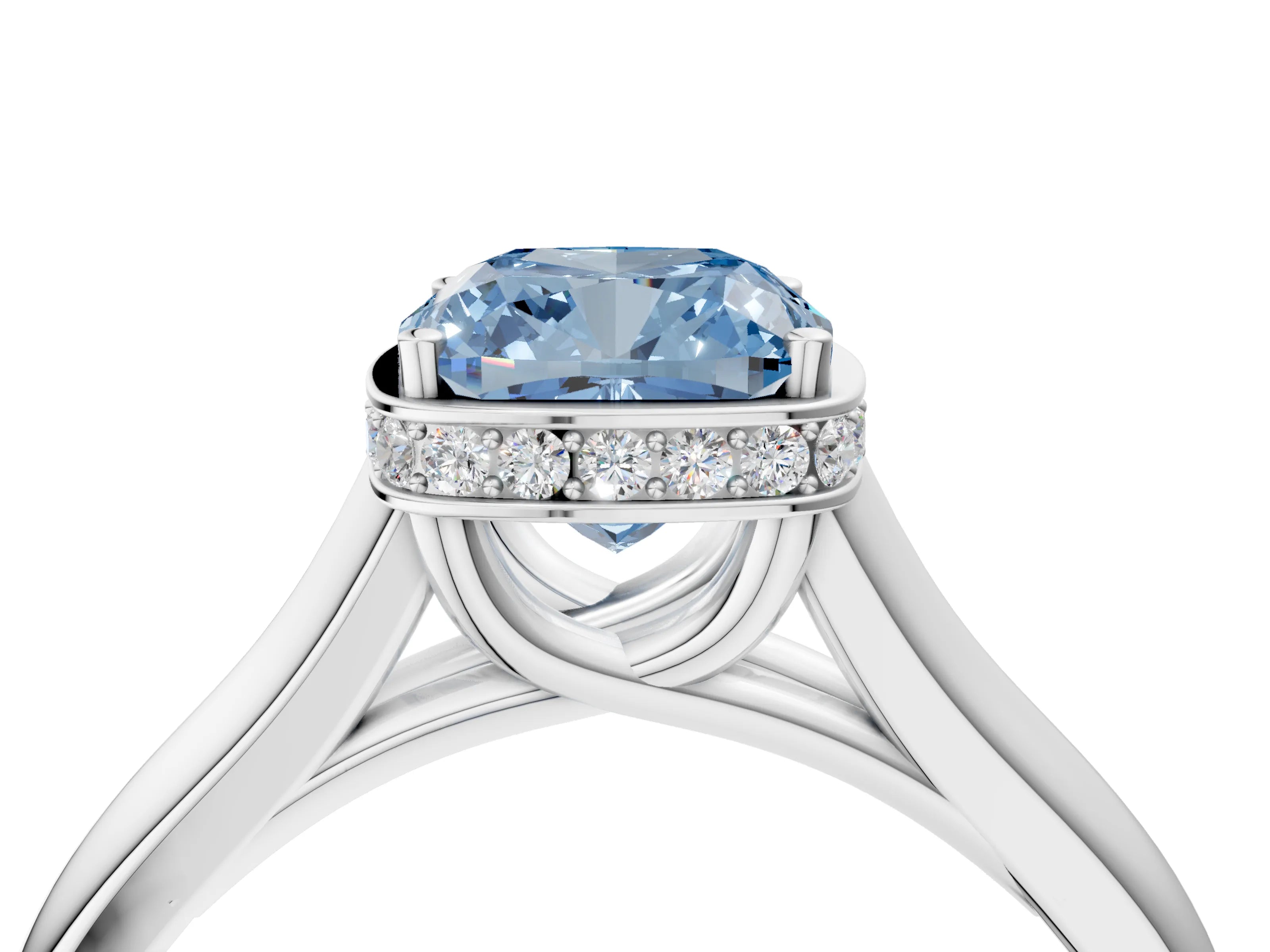 White gold Fancy Blue Cushion Cut Solitaire Diamond Engagement Ring with Four-Prong Setting and Tapered Band_10