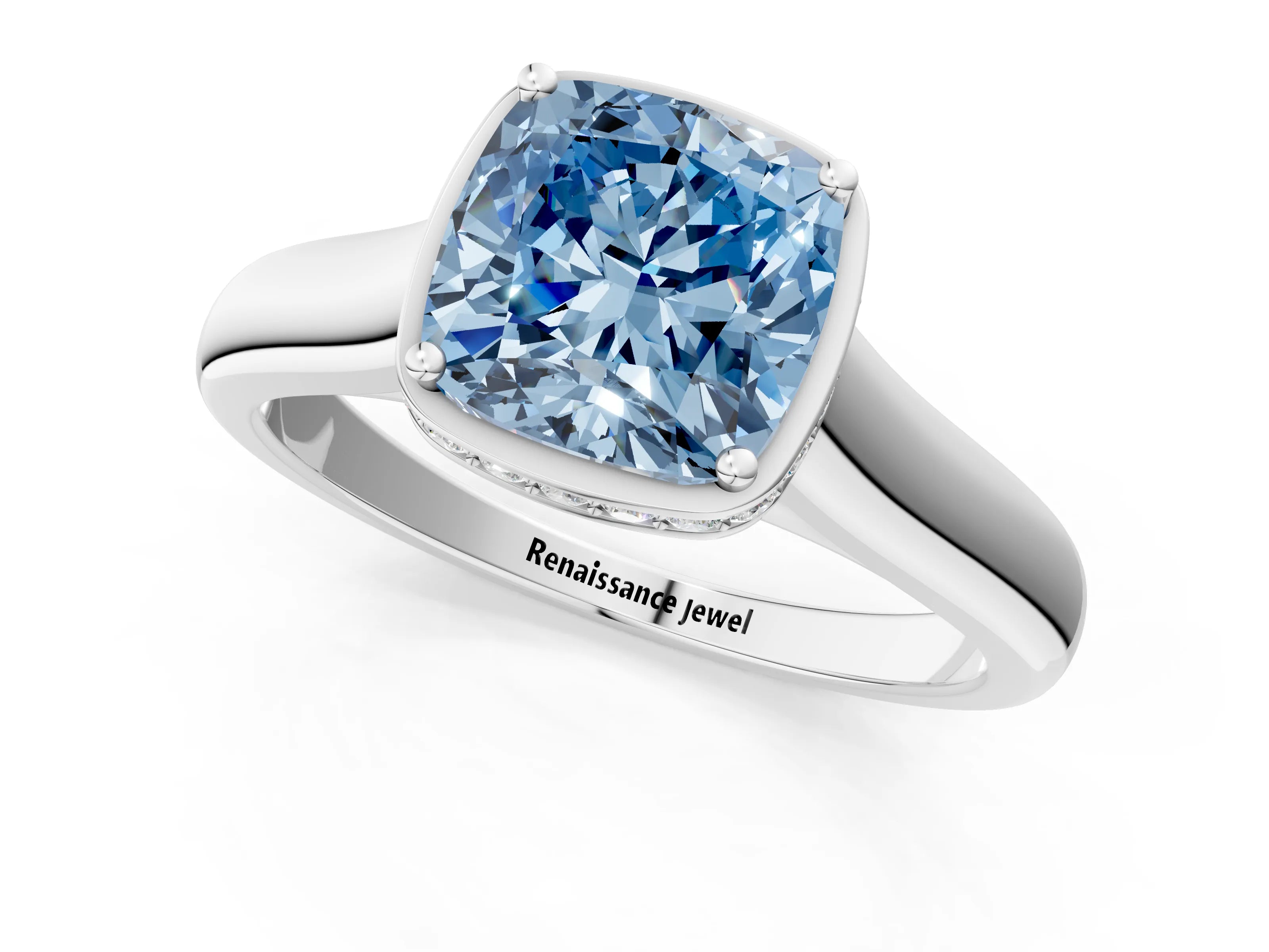 White gold Fancy Blue Cushion Cut Solitaire Diamond Engagement Ring with Four-Prong Setting and Tapered Band_13