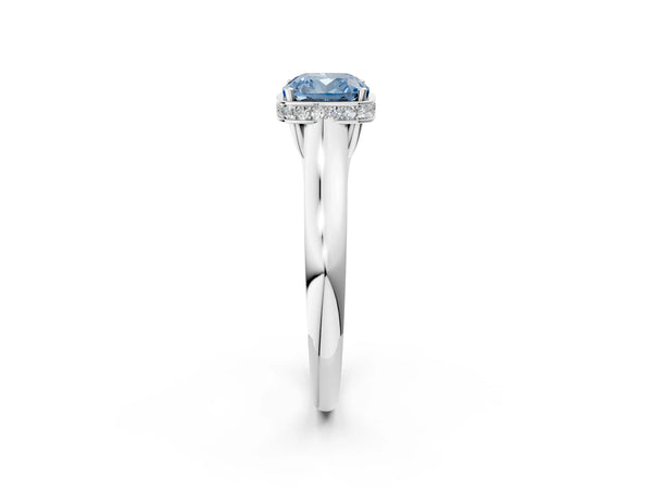 White gold Fancy Blue Cushion Cut Solitaire Diamond Engagement Ring with Four-Prong Setting and Tapered Band