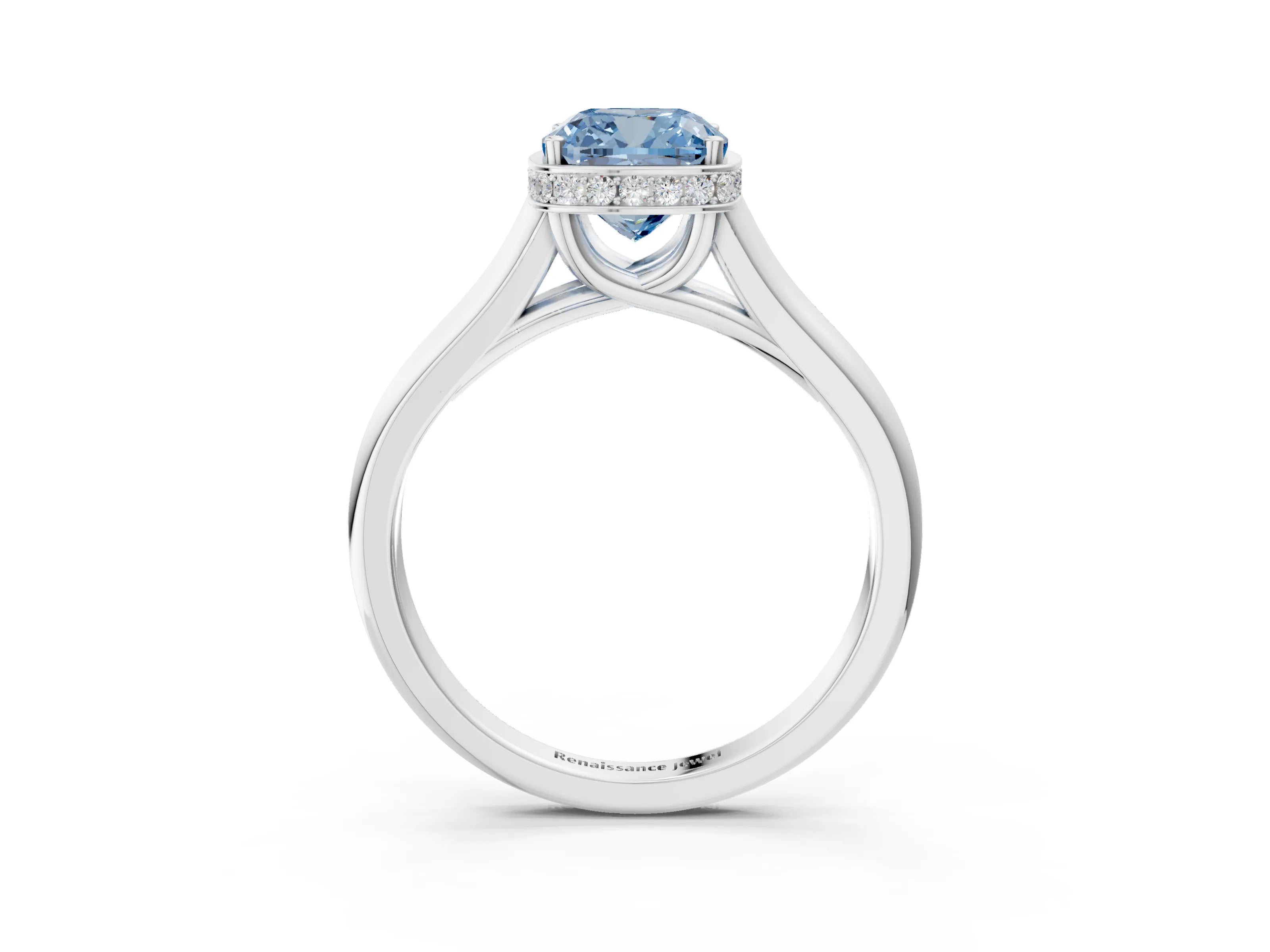 White gold Fancy Blue Cushion Cut Solitaire Diamond Engagement Ring with Four-Prong Setting and Tapered Band_15