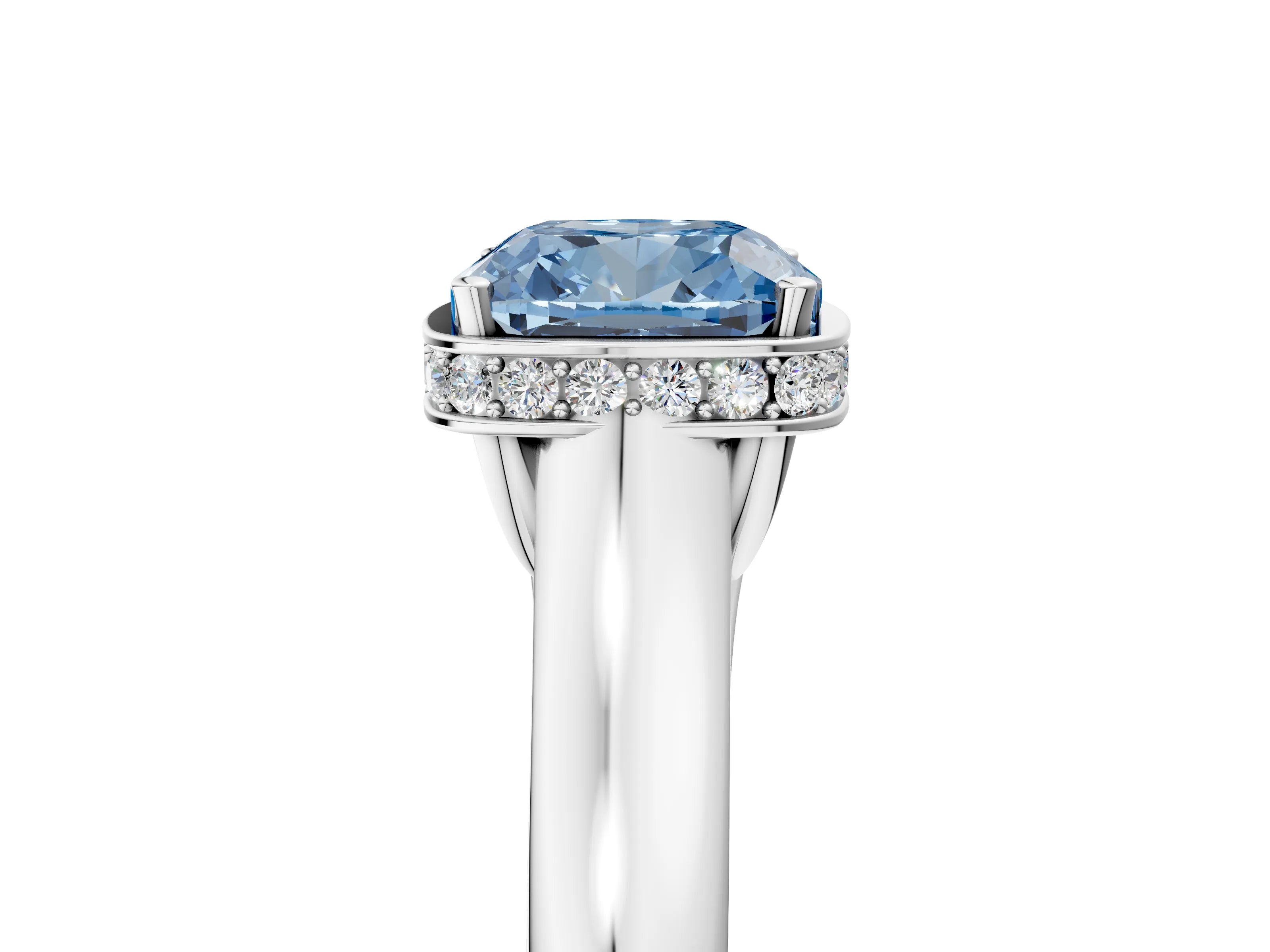 White gold Fancy Blue Cushion Cut Solitaire Diamond Engagement Ring with Four-Prong Setting and Tapered Band_17