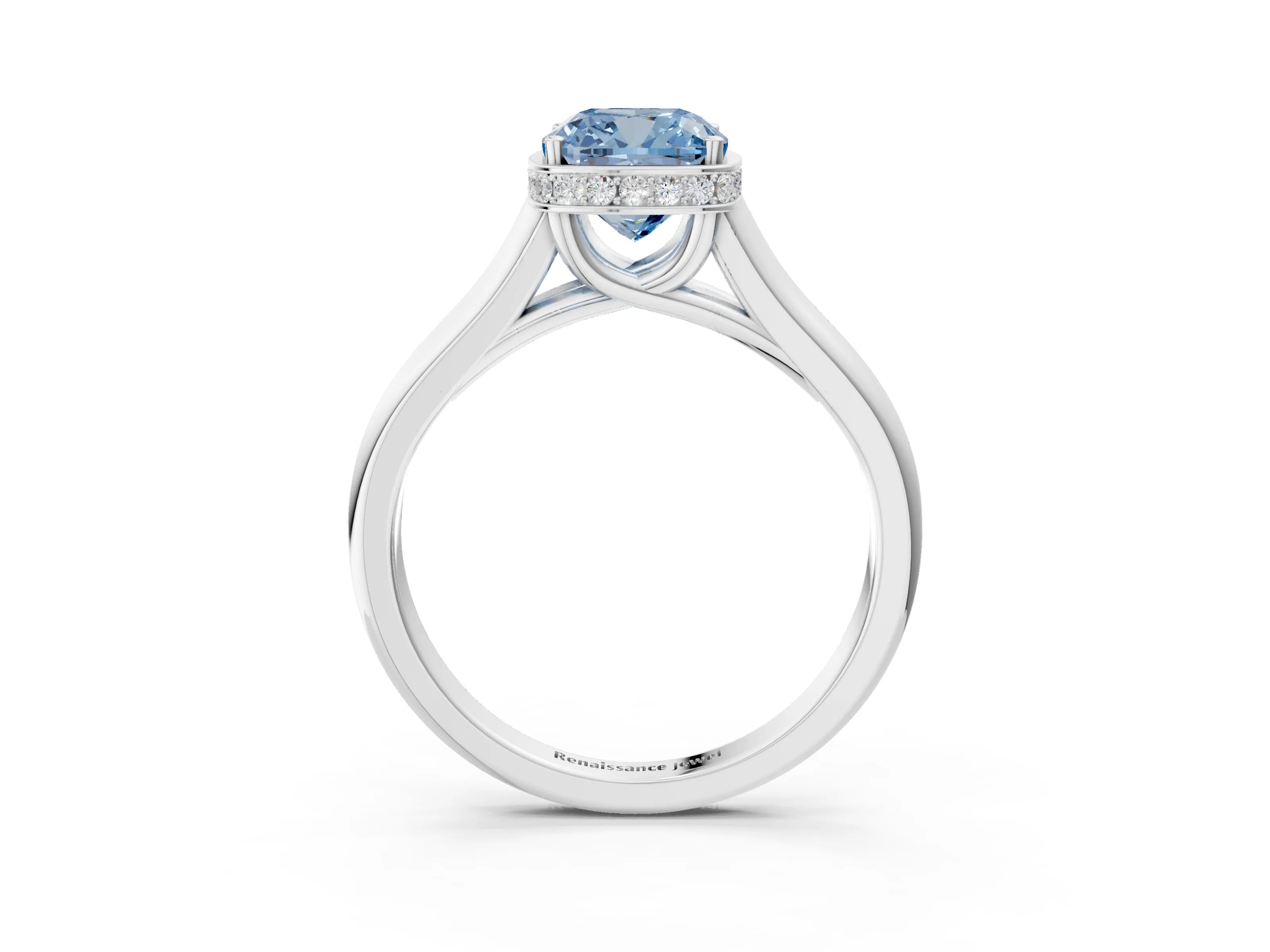 White gold Fancy Blue Cushion Cut Solitaire Diamond Engagement Ring with Four-Prong Setting and Tapered Band_3
