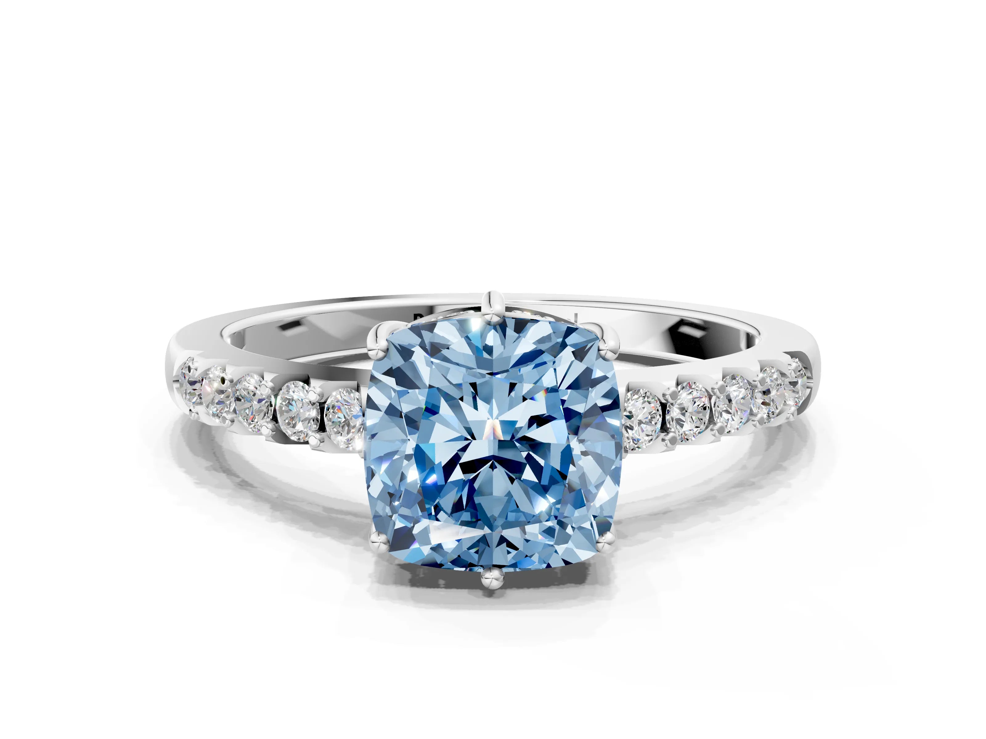 White gold Fancy Blue Cushion Cut Solitaire Diamond Engagement Ring with Pavé Band and Six-Prong Setting_12