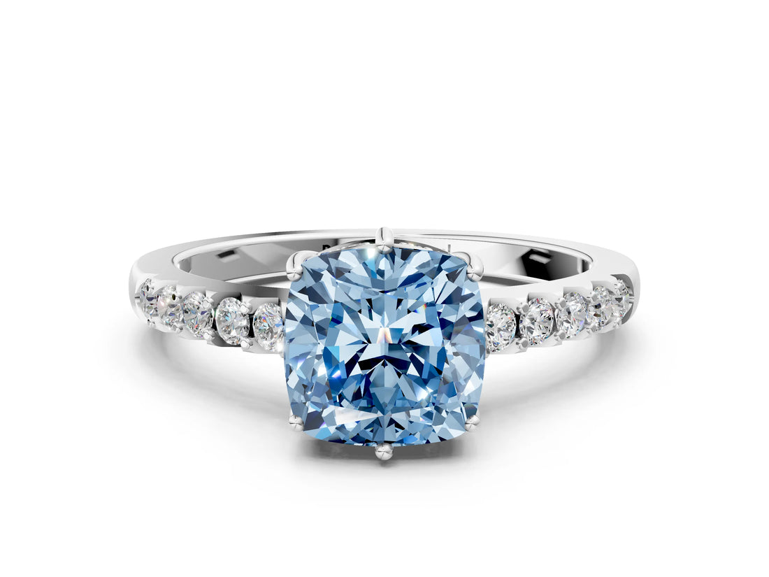 White gold Fancy Blue Cushion Cut Solitaire Diamond Engagement Ring with Pavé Band and Six-Prong Setting_12