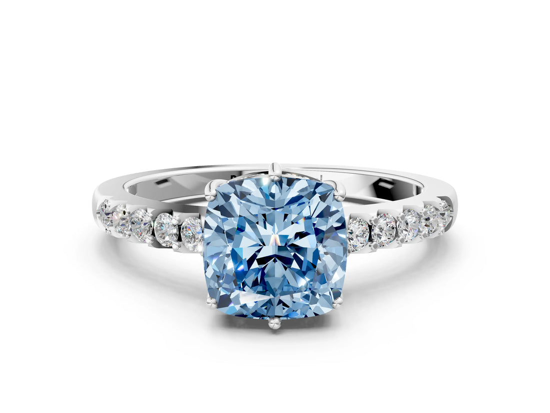 White gold Fancy Blue Cushion Cut Solitaire Diamond Engagement Ring with Pavé Band and Six-Prong Setting_24