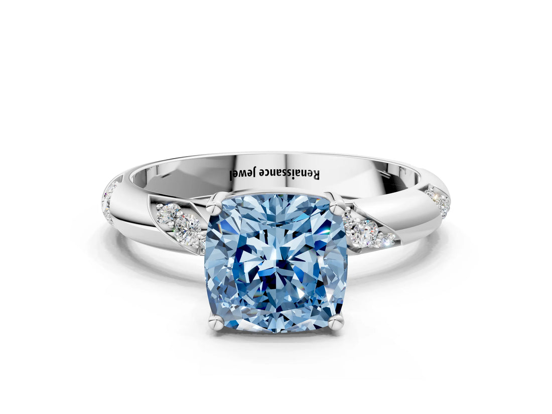 White gold Fancy Blue Cushion Cut Solitaire Diamond Engagement Ring with Twisted Pave Band and Four-Prong Setting_19
