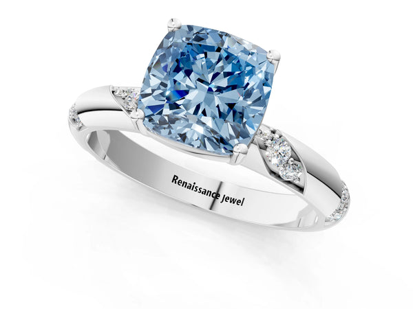 White gold Fancy Blue Cushion Cut Solitaire Diamond Engagement Ring with Twisted Pave Band and Four-Prong Setting
