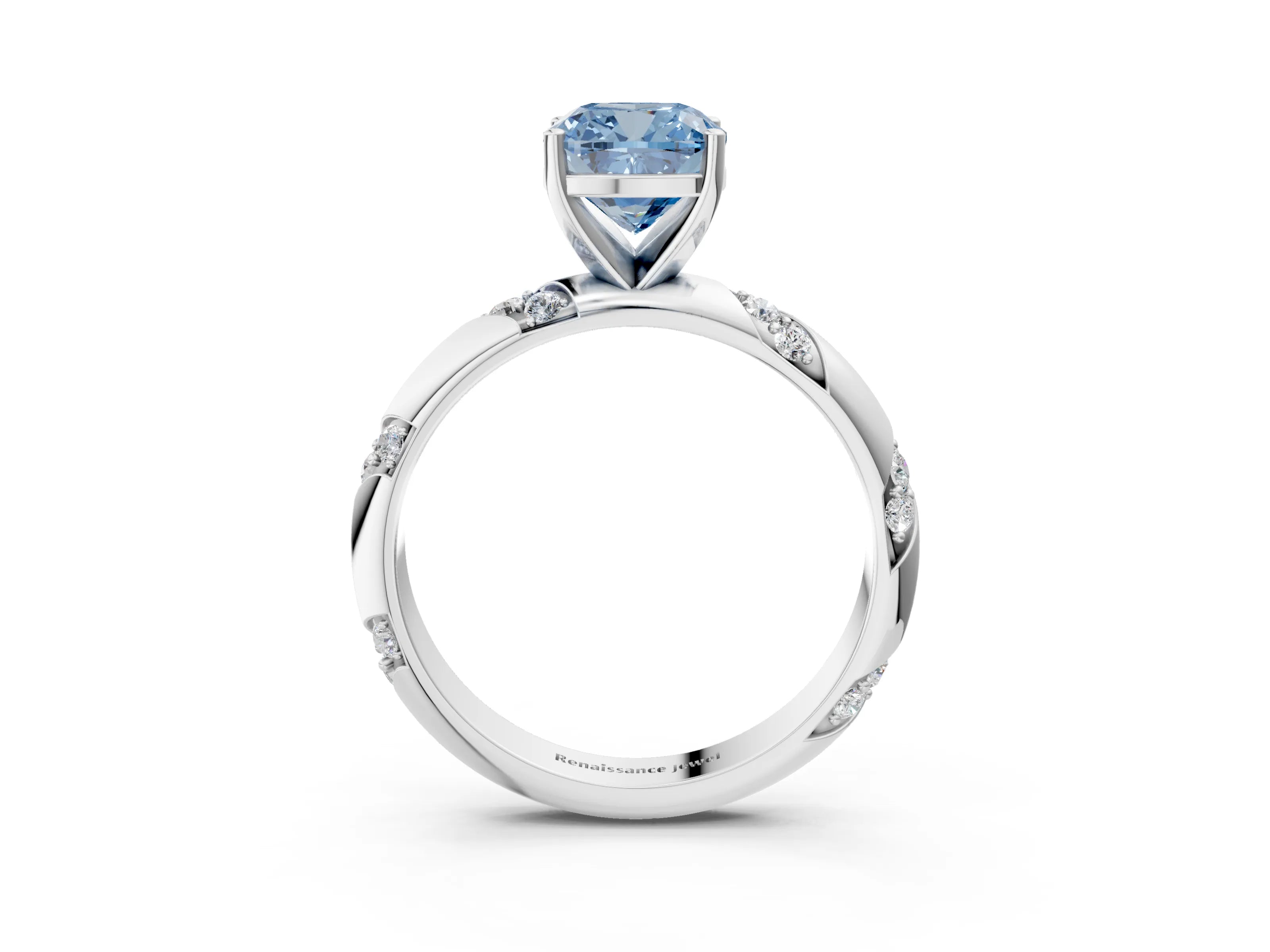 White gold Fancy Blue Cushion Cut Solitaire Diamond Engagement Ring with Twisted Pave Band and Four-Prong Setting_22
