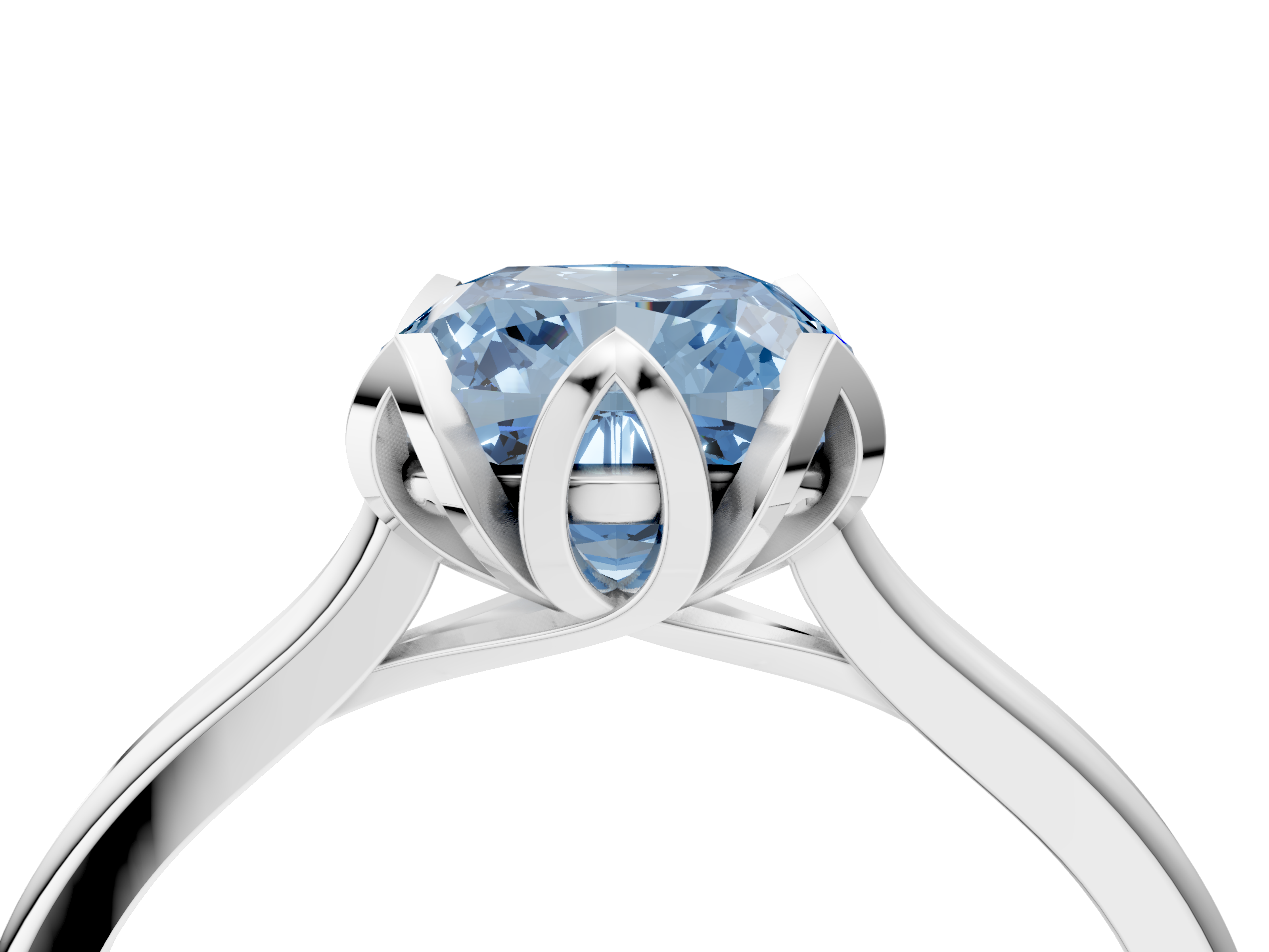 White gold Fancy Blue Cushion  Cut Solitaire Diamond Ring with Flower-Prong Setting and Classic Band_56