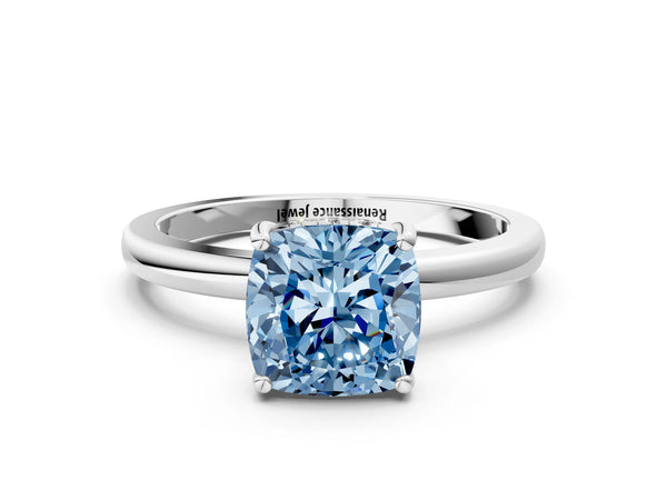 Platinum Fancy Blue Cushion Cut Solitaire Diamond Ring with Prong Setting and Plain Band