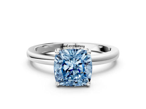 White gold Fancy Blue Cushion Cut Solitaire Diamond Ring with Prong Setting and Plain Band_12