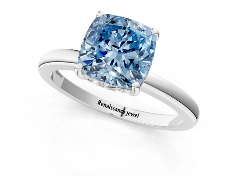 White gold Fancy Blue Cushion Cut Solitaire Diamond Ring with Prong Setting and Plain Band_13