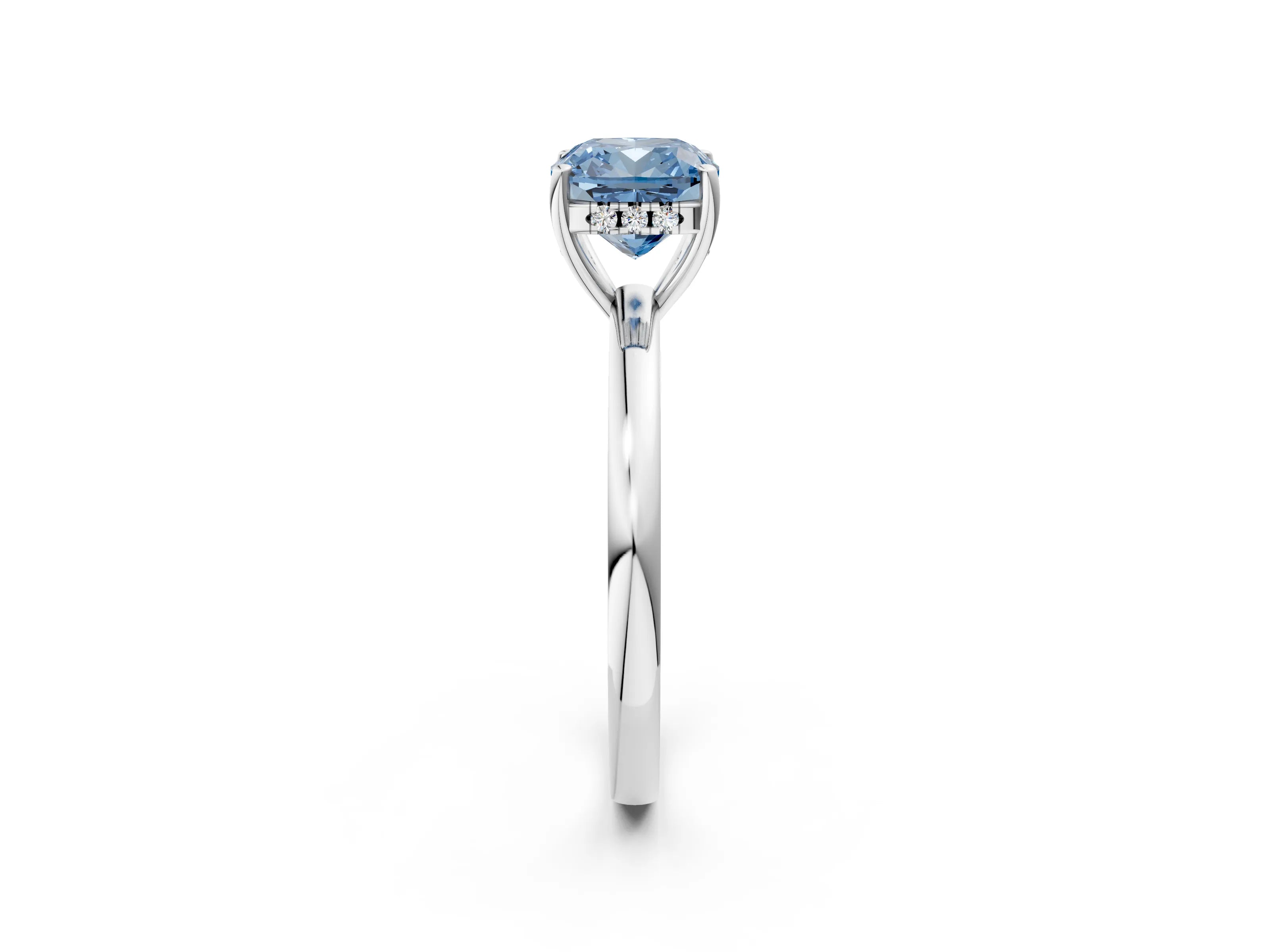 White gold Fancy Blue Cushion Cut Solitaire Diamond Ring with Prong Setting and Plain Band_14