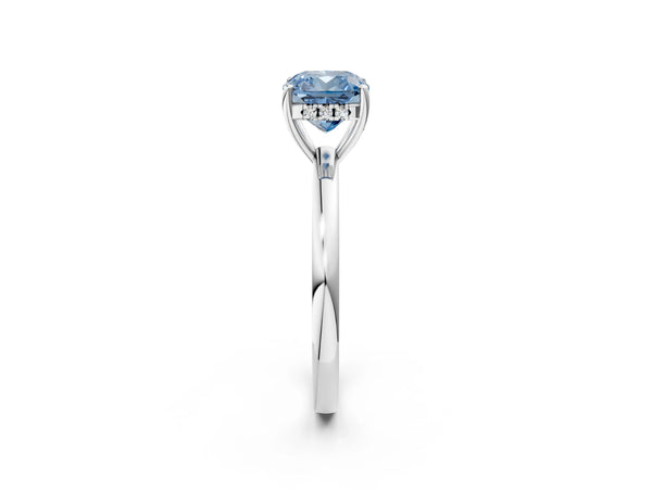 Platinum Fancy Blue Cushion Cut Solitaire Diamond Ring with Prong Setting and Plain Band
