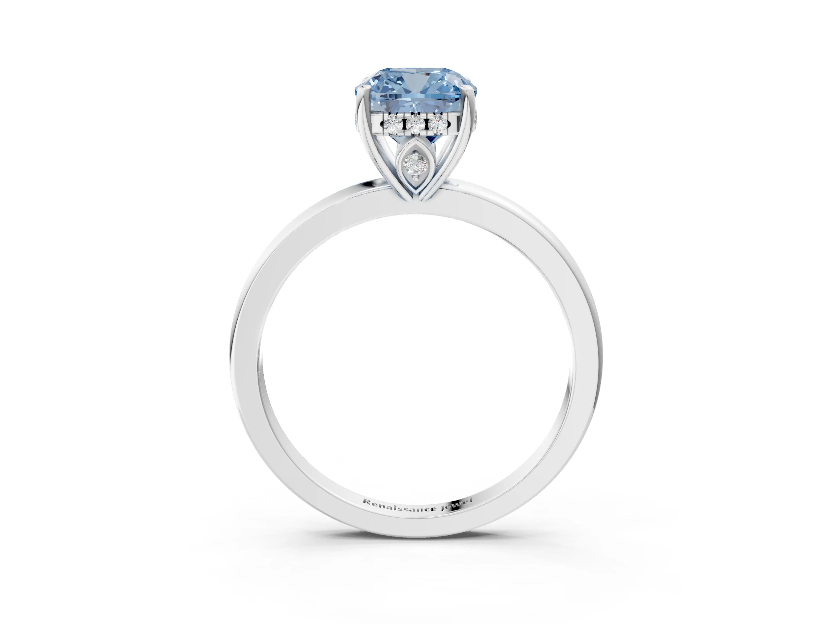 White gold Fancy Blue Cushion Cut Solitaire Diamond Ring with Prong Setting and Plain Band_15