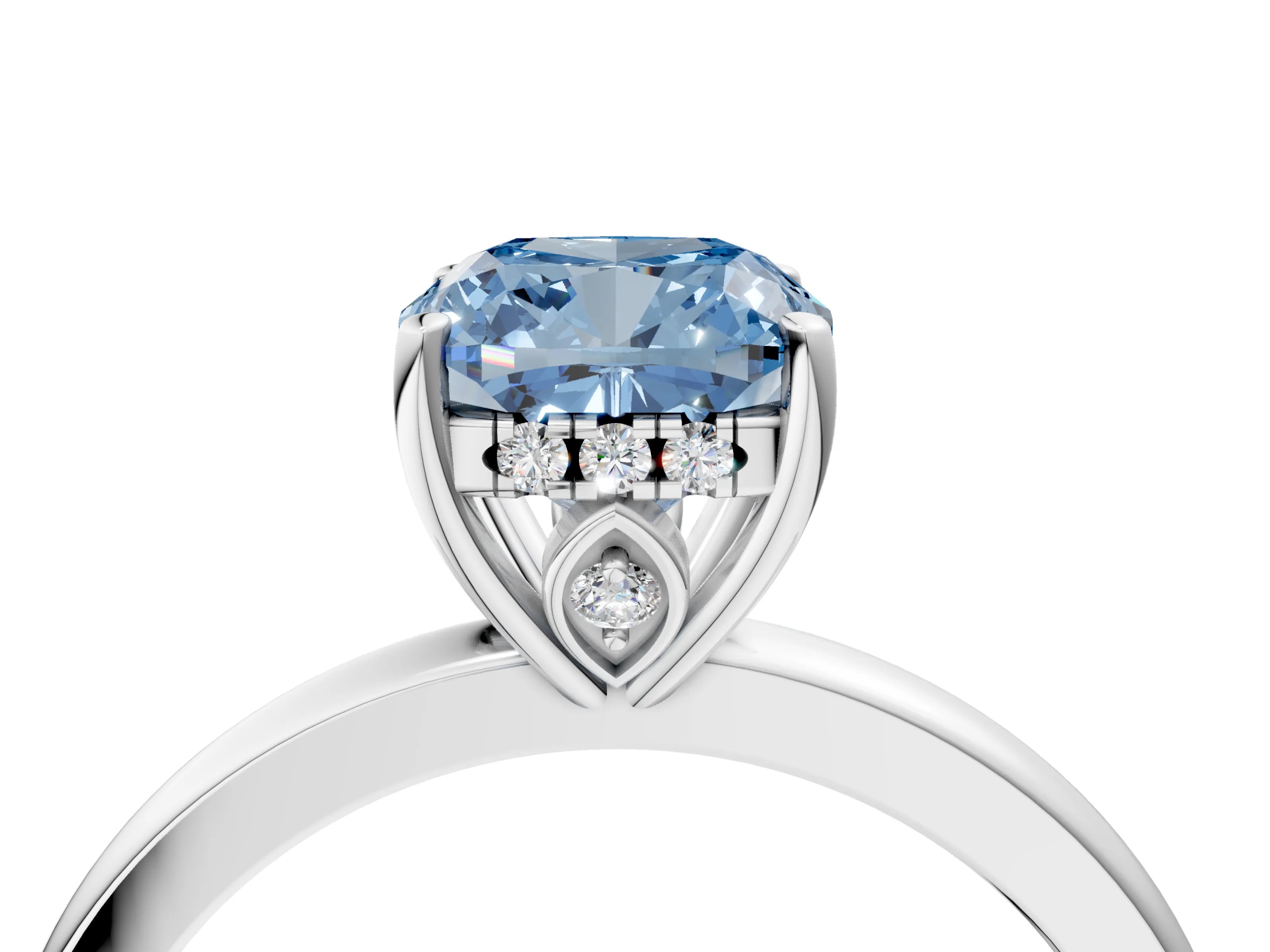 White gold Fancy Blue Cushion Cut Solitaire Diamond Ring with Prong Setting and Plain Band_16