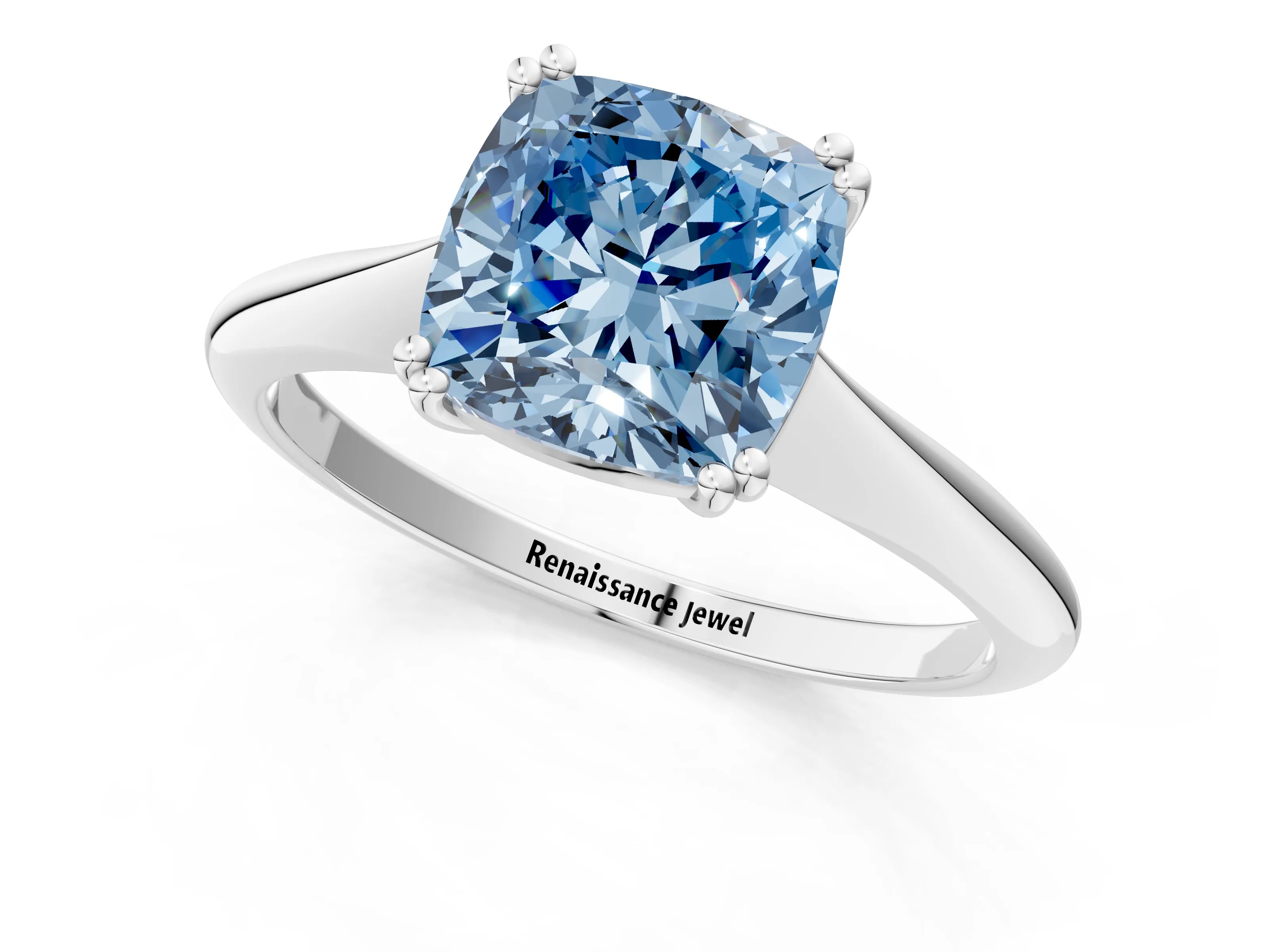 White gold Fancy Blue Cushion Cut Solitaire Diamond Ring with Six-Prong Setting and Classic Band_1