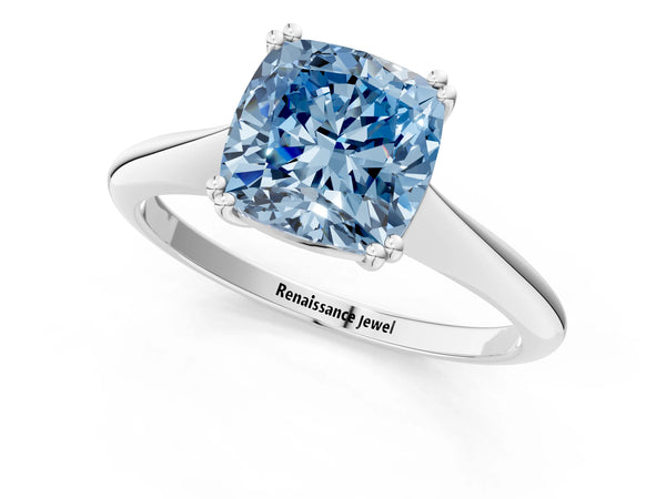 White gold Fancy Blue Cushion Cut Solitaire Diamond Ring with Six-Prong Setting and Classic Band