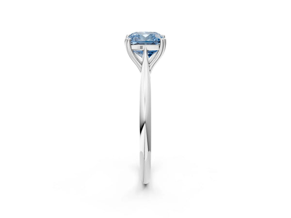 White gold Fancy Blue Cushion Cut Solitaire Diamond Ring with Six-Prong Setting and Classic Band