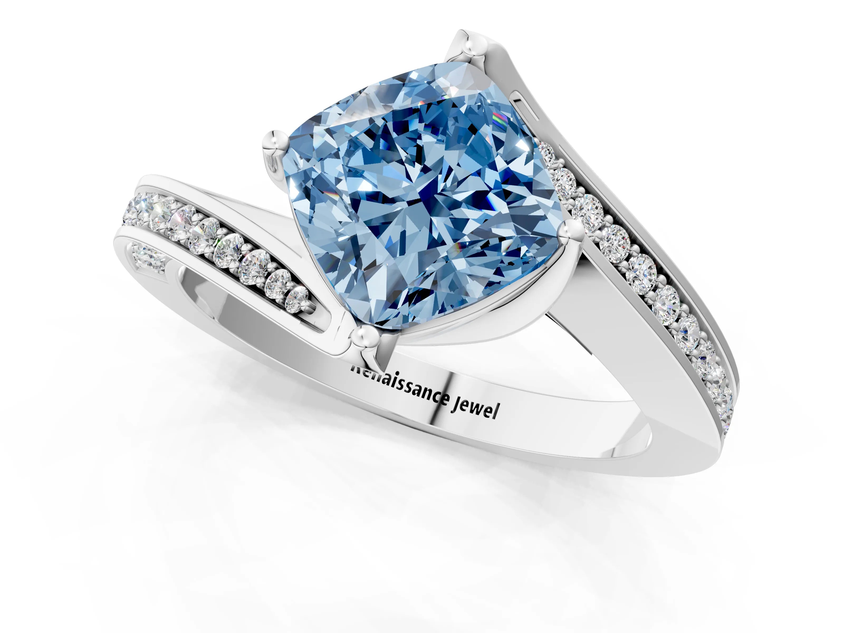 White gold Fancy Blue Cushion Cut Solitaire Diamond Twist Band with Pavé Setting and Four-Prong Setting_13