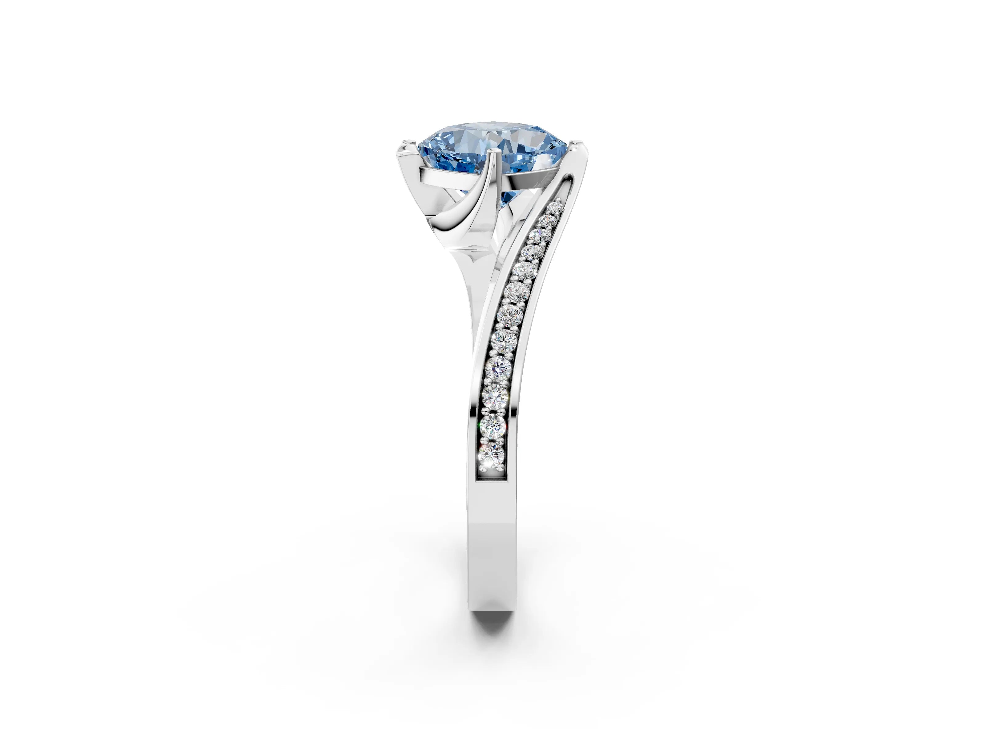 White gold Fancy Blue Cushion Cut Solitaire Diamond Twist Band with Pavé Setting and Four-Prong Setting_14