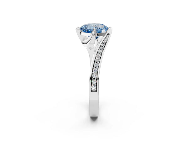 White gold Fancy Blue Cushion Cut Solitaire Diamond Twist Band with Pavé Setting and Four-Prong Setting