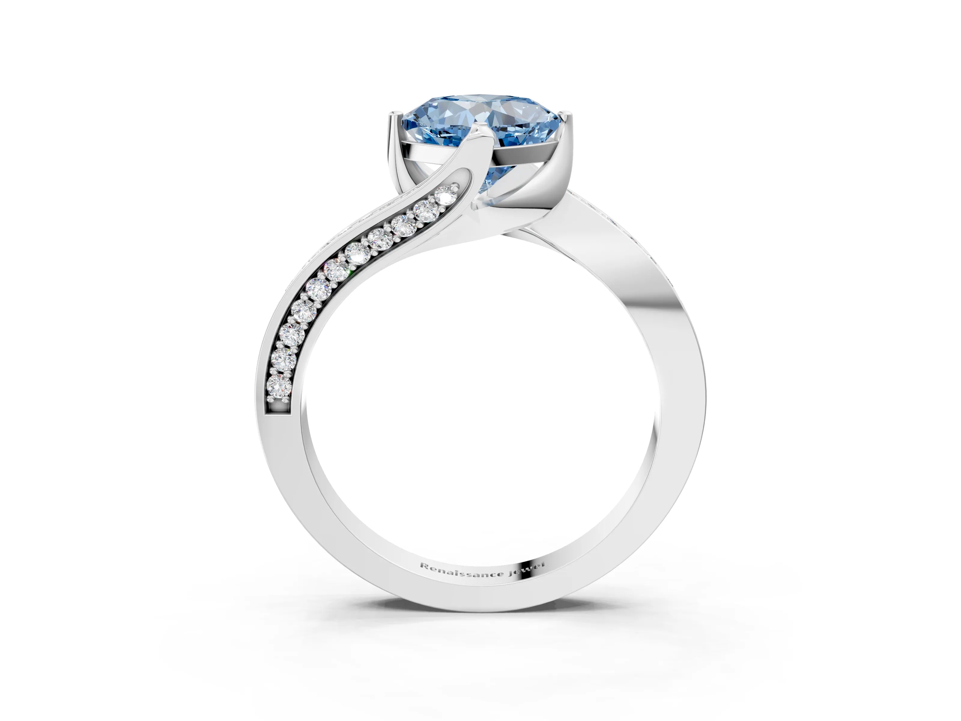 White gold Fancy Blue Cushion Cut Solitaire Diamond Twist Band with Pavé Setting and Four-Prong Setting_15