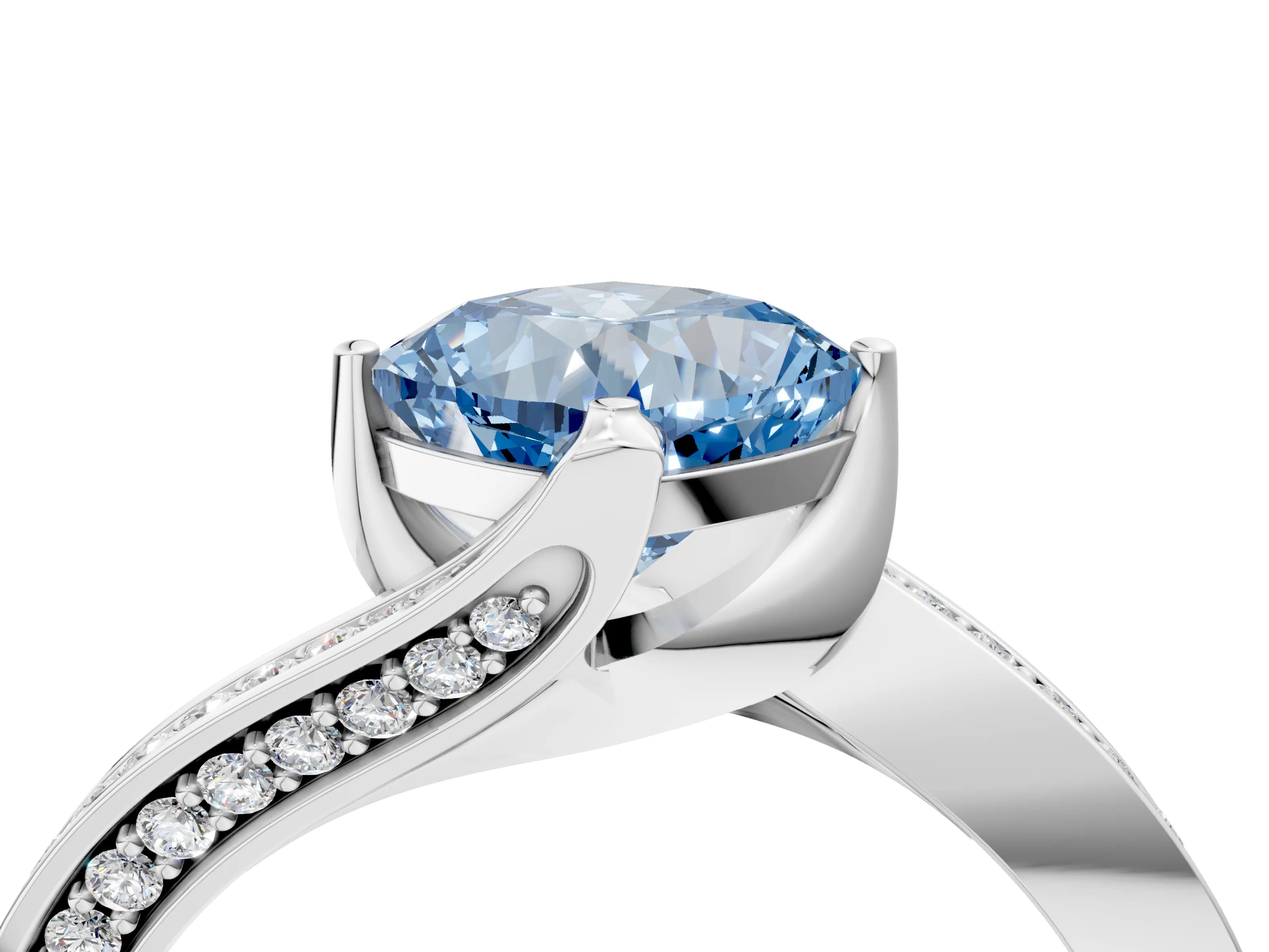 White gold Fancy Blue Cushion Cut Solitaire Diamond Twist Band with Pavé Setting and Four-Prong Setting_16
