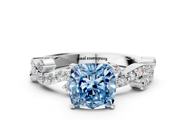 White gold Fancy Blue Cushion  Cut Solitaire Diamond Twisted Band with Pave Setting