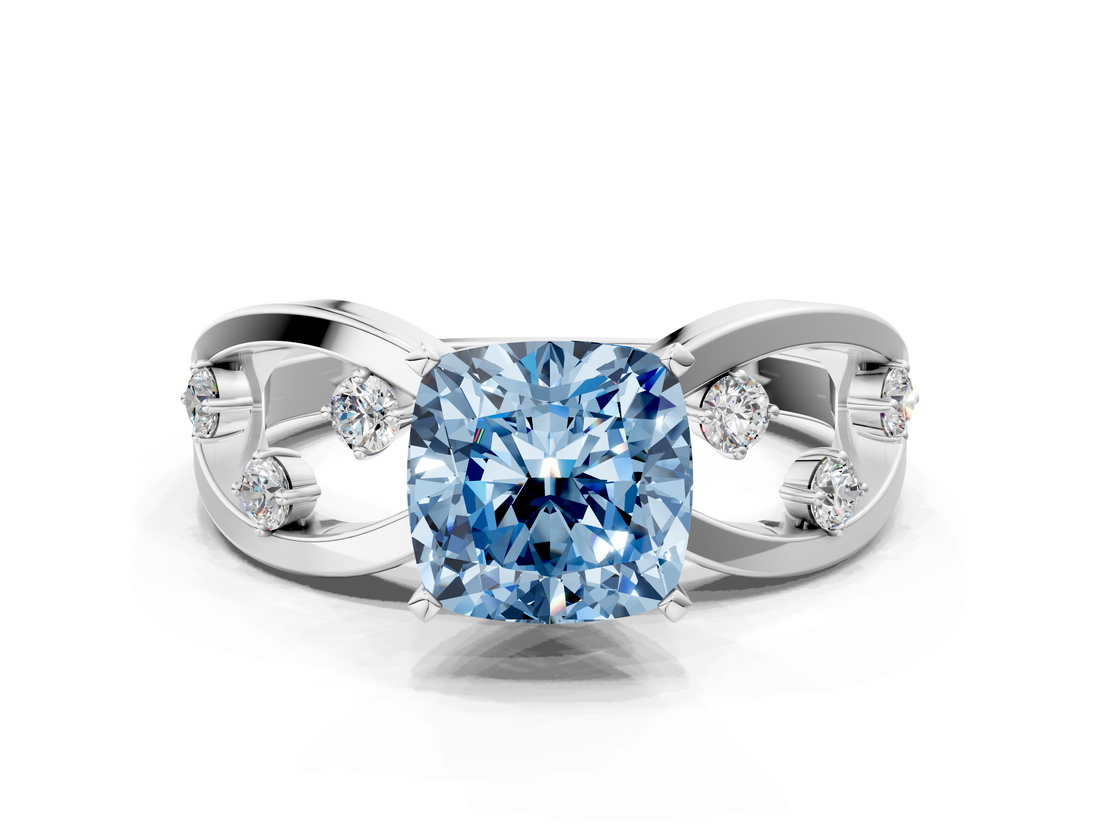 White gold Fancy Blue Cushion  Cut Solitaire Diamond with Side Stones on Criss-Cross Band and Four-Prong Setting_3