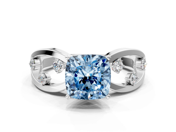 White gold Fancy Blue Cushion  Cut Solitaire Diamond with Side Stones on Criss-Cross Band and Four-Prong Setting