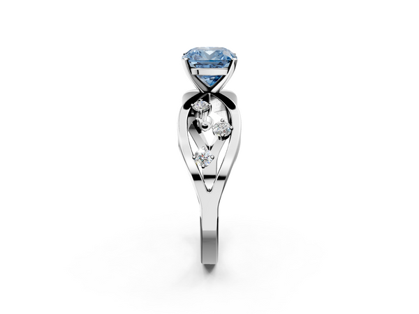 White gold Fancy Blue Cushion  Cut Solitaire Diamond with Side Stones on Criss-Cross Band and Four-Prong Setting