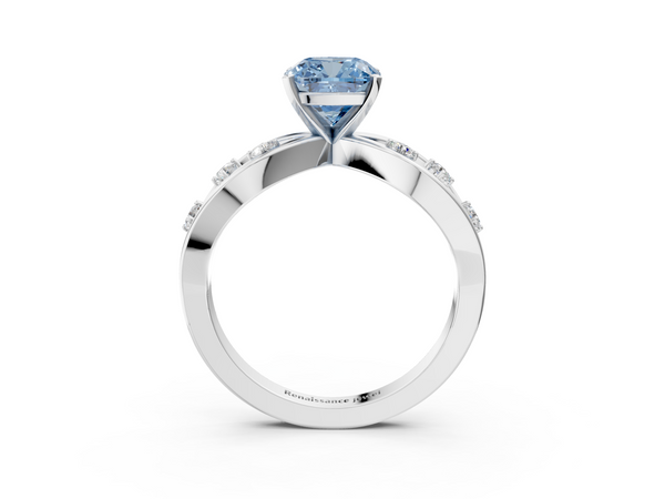 White gold Fancy Blue Cushion  Cut Solitaire Diamond with Side Stones on Criss-Cross Band and Four-Prong Setting