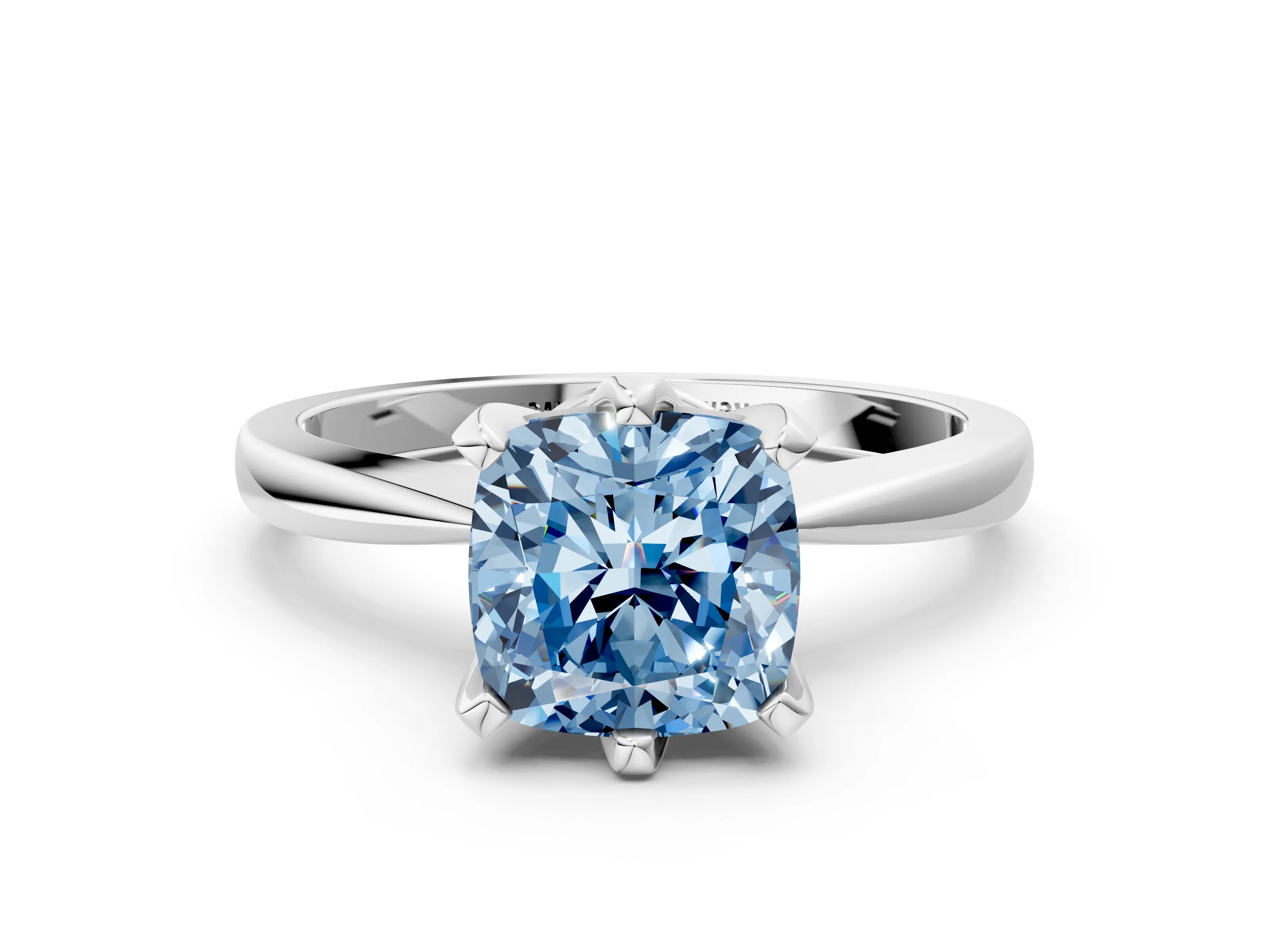 White gold Fancy Blue Cushion Cut Solitaire Engagement Ring with Six-Prong Setting and Tapered Band