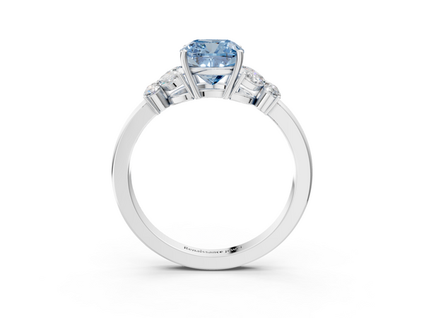 Platinum Fancy Blue Cushion  Cut Solitaire Floral Diamond Ring with Four-Prong Setting