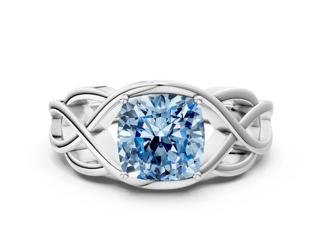 White gold Fancy Blue Cushion Cut Solitaire Intertwined Band Prong Setting Ring