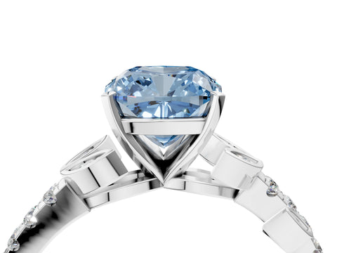 White gold Fancy Blue Cushion Cut Solitaire Leaf-Inspired Diamond Ring with Pavé Band and Four-Prong Setting_16