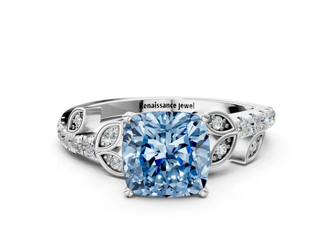 White gold Fancy Blue Cushion Cut Solitaire Leaf-Inspired Diamond Ring with Pavé Band and Four-Prong Setting_24