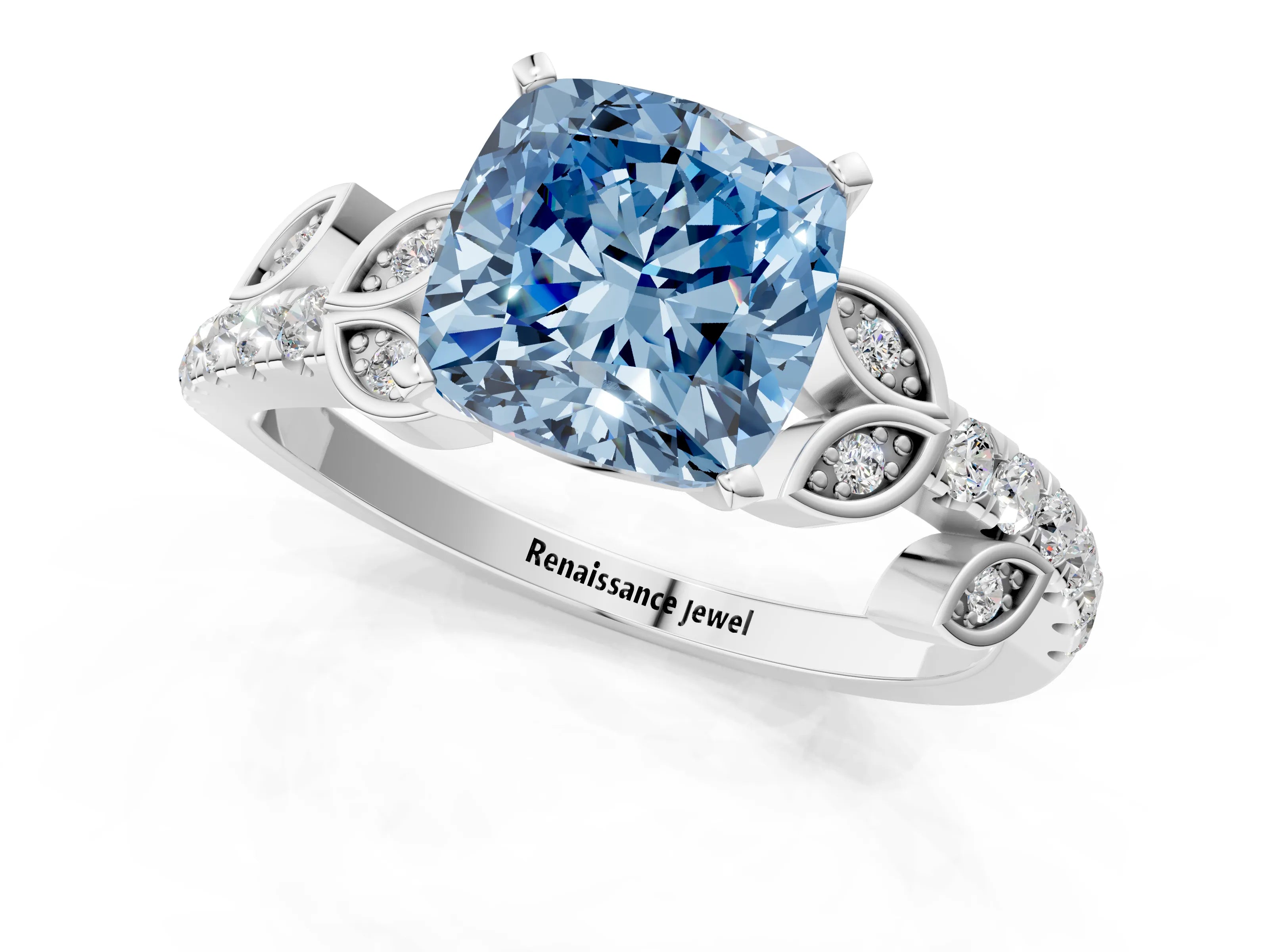 White gold Fancy Blue Cushion Cut Solitaire Leaf-Inspired Diamond Ring with Pavé Band and Four-Prong Setting_25