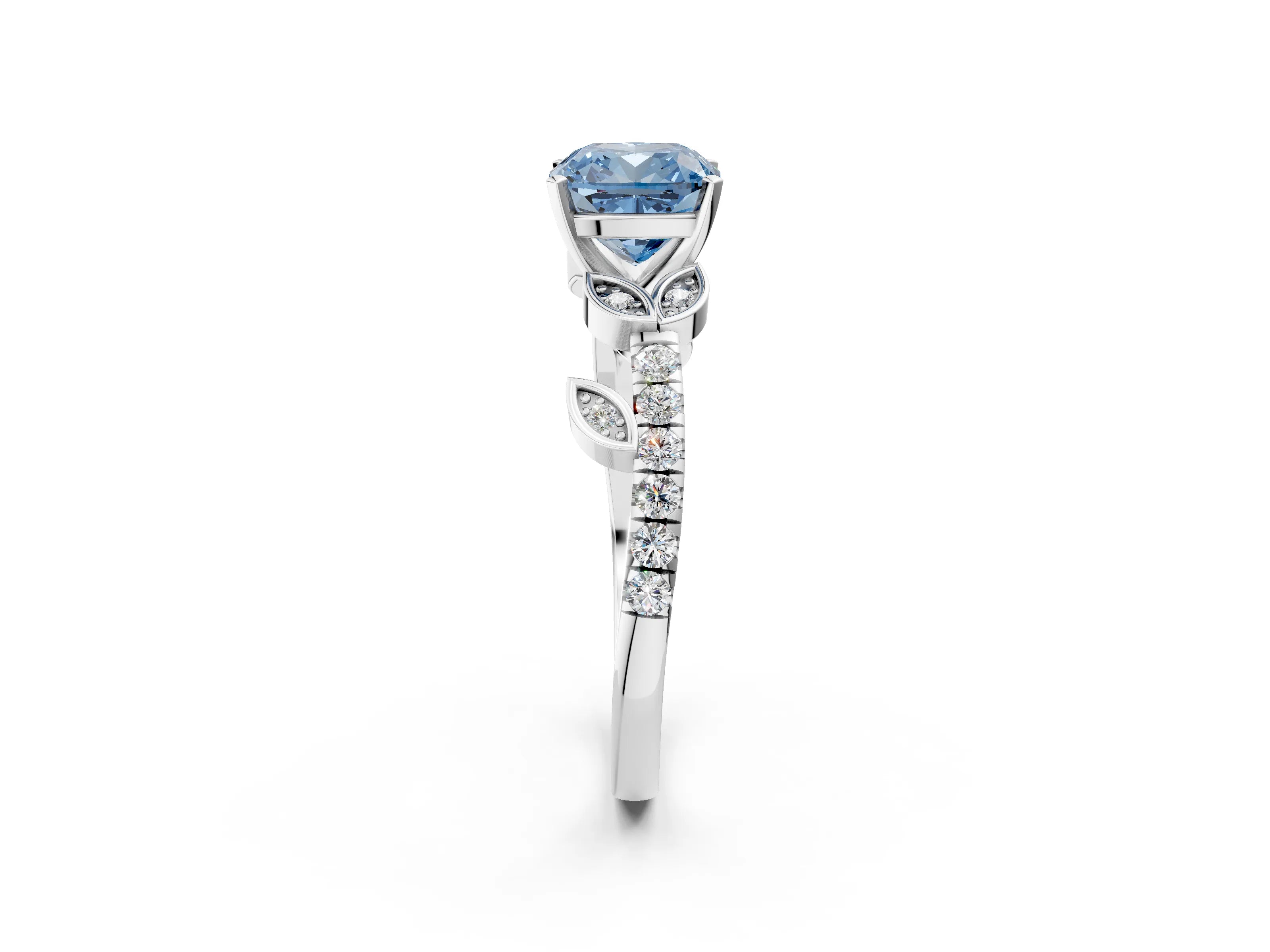 White gold Fancy Blue Cushion Cut Solitaire Leaf-Inspired Diamond Ring with Pavé Band and Four-Prong Setting_26
