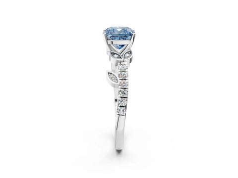 White gold Fancy Blue Cushion Cut Solitaire Leaf-Inspired Diamond Ring with Pavé Band and Four-Prong Setting_26