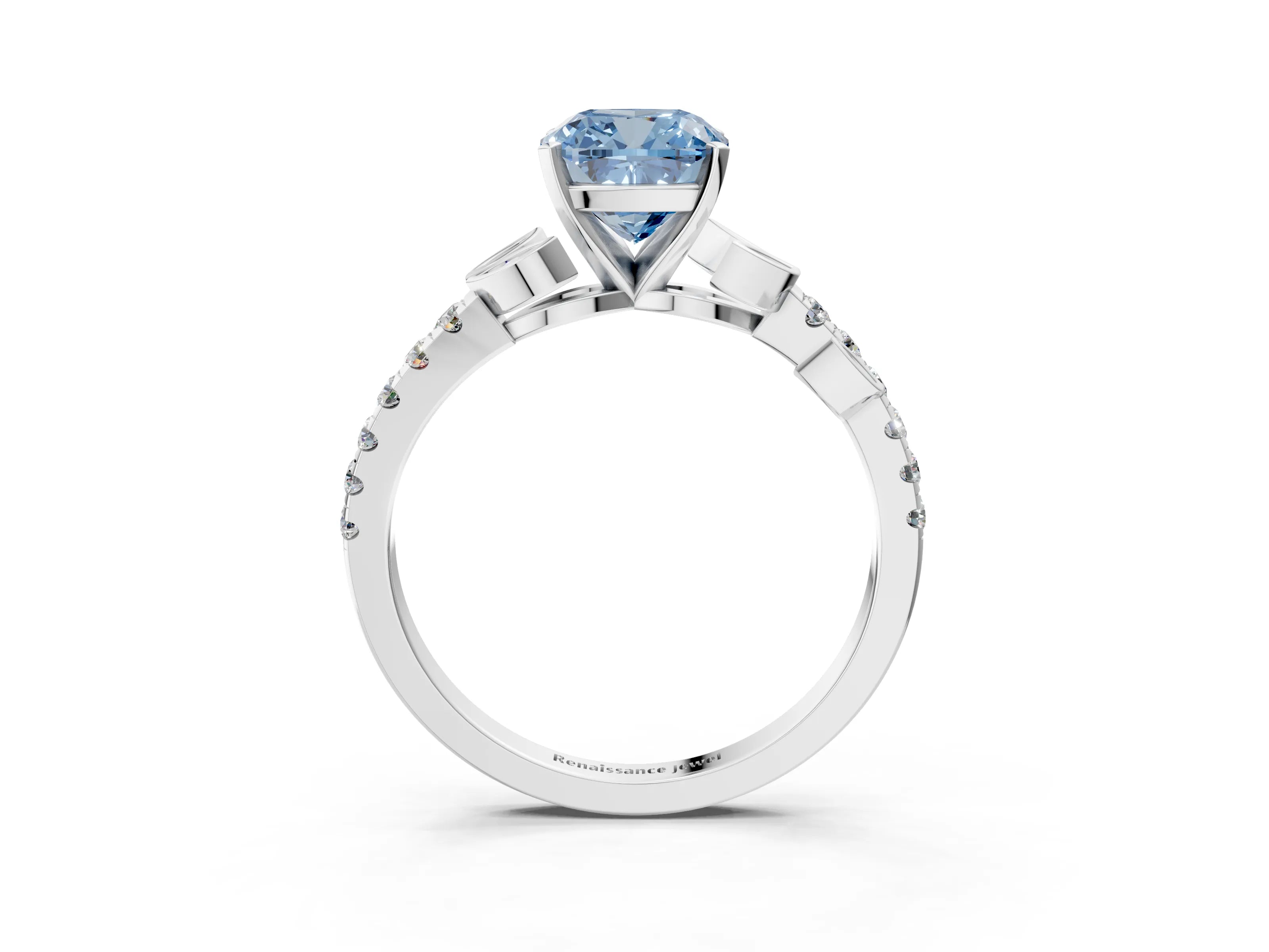White gold Fancy Blue Cushion Cut Solitaire Leaf-Inspired Diamond Ring with Pavé Band and Four-Prong Setting_27