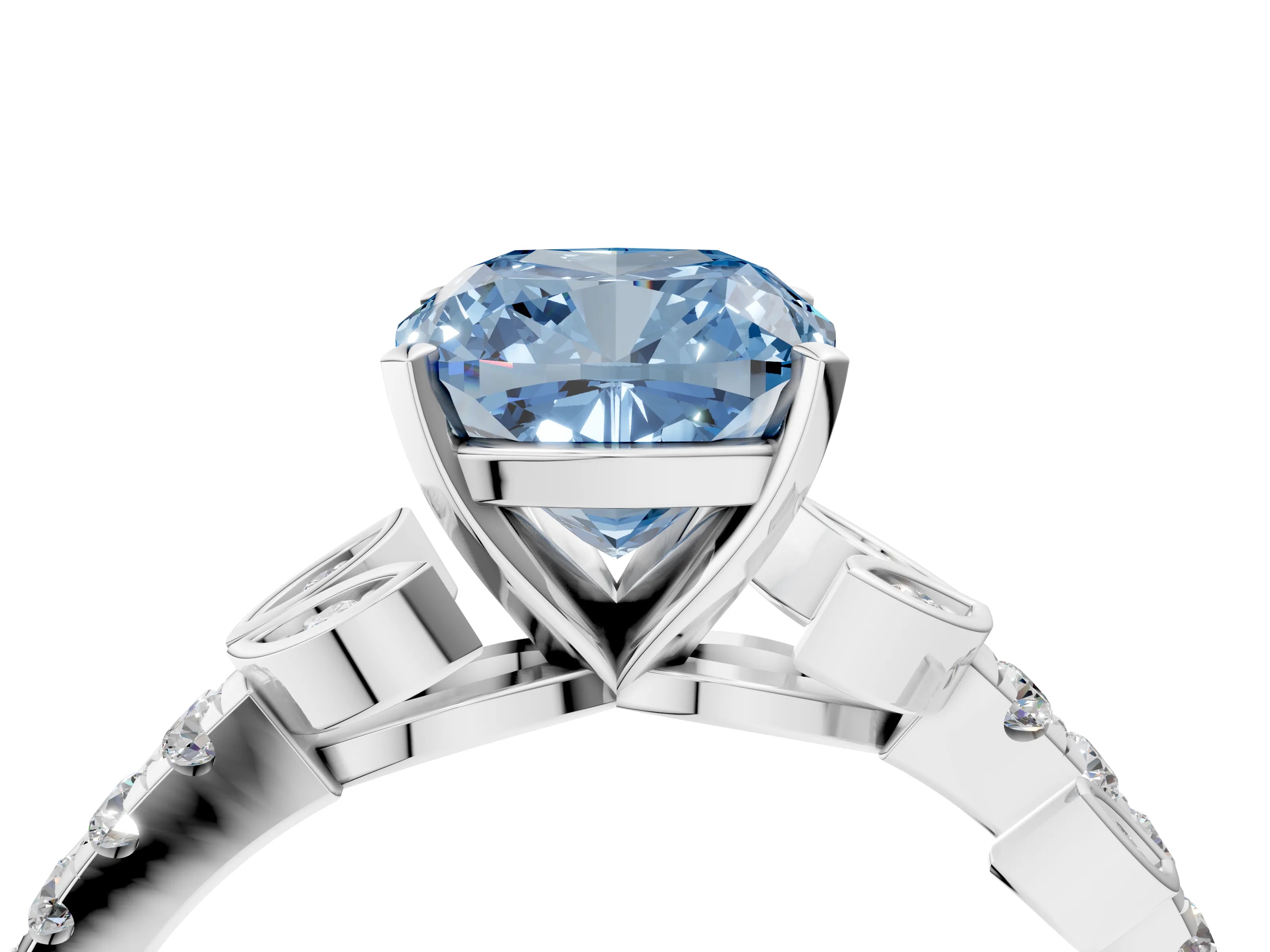 White gold Fancy Blue Cushion Cut Solitaire Leaf-Inspired Diamond Ring with Pavé Band and Four-Prong Setting_28