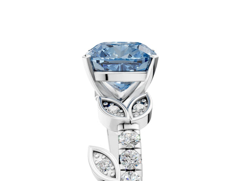 White gold Fancy Blue Cushion Cut Solitaire Leaf-Inspired Diamond Ring with Pavé Band and Four-Prong Setting_29
