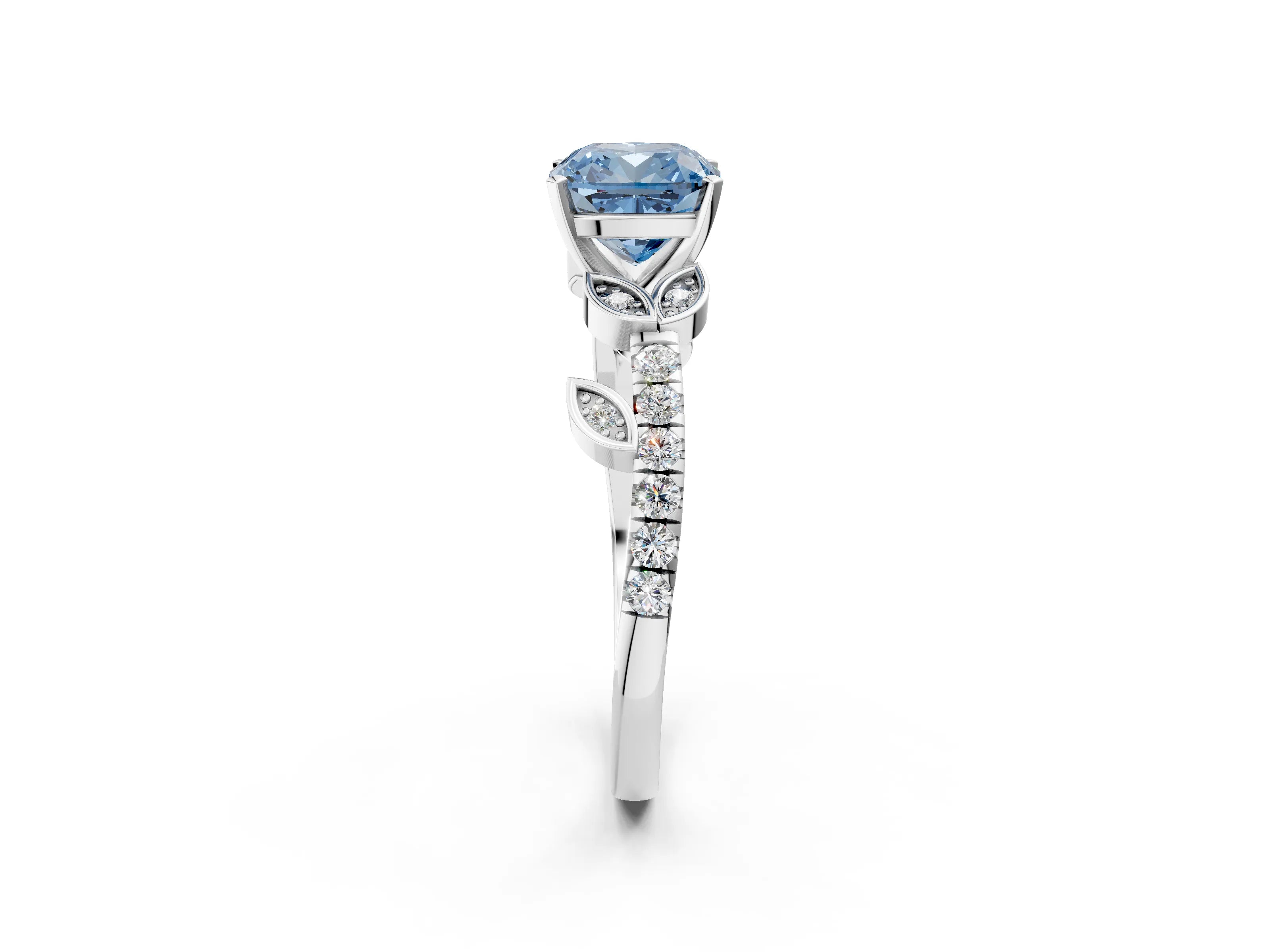 White gold Fancy Blue Cushion Cut Solitaire Leaf-Inspired Diamond Ring with Pavé Band and Four-Prong Setting_2
