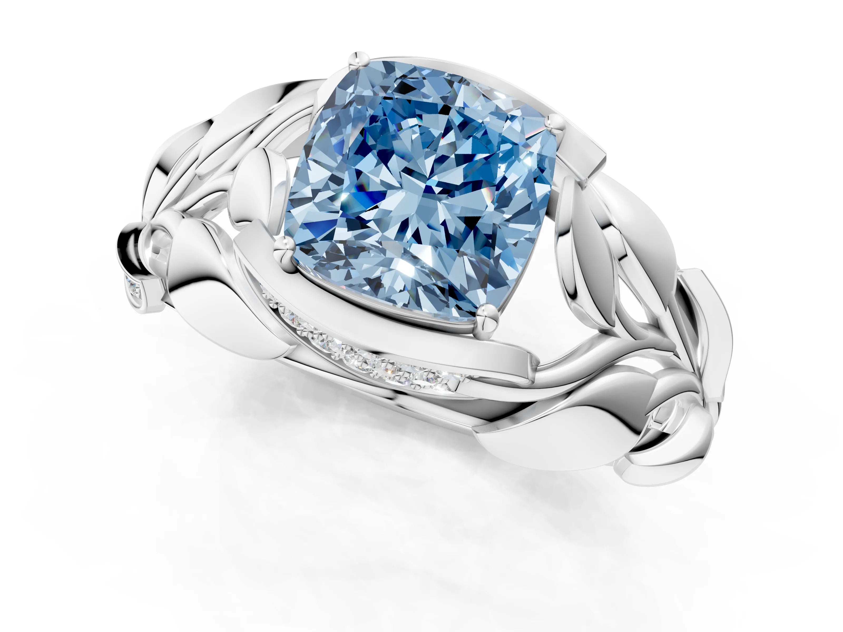 White gold Fancy Blue Cushion Cut Solitaire Leaf-Inspired Engagement Ring with Prong Setting_1